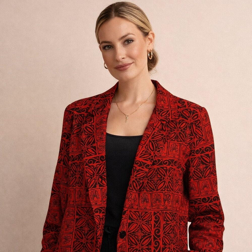 C. B. Collection Brand Women's Geometric Print Red & Black Tailored Blazer - L